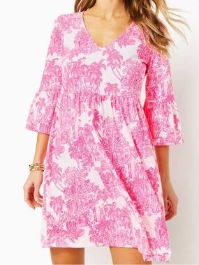 Lilly Pulitzer Pink and White Palm Beach Toile Mini Dress 100% Cotton - Size L